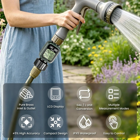 Water Flow Meter With Brass Inlet, Accuracy Within Five Percent, 4 Measurement Modes, Gallon And Liter Consumption And Flow Rate For Garden Hose Setups, Lawn Sprinkler, RV Water Tank Fill, Nozzle Sprayer, Green, on hose