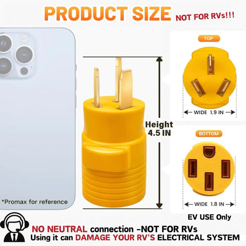 Yellow 32Amp 220V Level 2 EV Charger Adapter From NEMA 10-50P To 14-50R with dimensions compared to smartphone