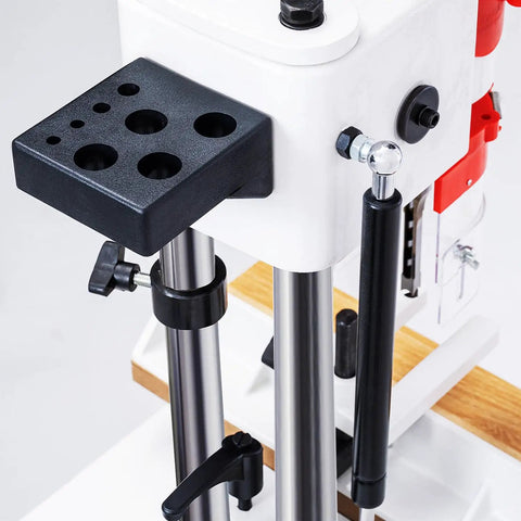 Rock Solid Cast Iron Benchtop Mortiser With Slick 3400 Rpm Motor showing the sturdy black table mount and precise adjustment controls.