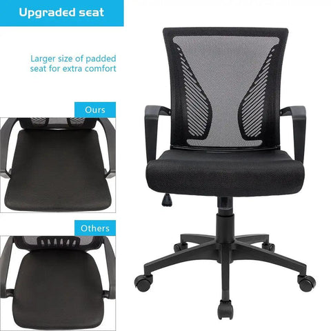 Ergonomic Mesh Office Chair With Dual Lumbar Support, Mid Back, Swivel Desk Chair With Armrests, Black Finish, Upgraded Seat