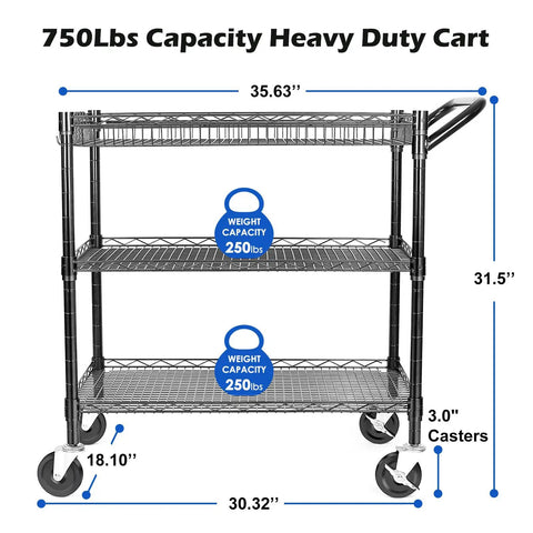 Front view of Heavy Duty 3 Tier Wire Rolling Utility Cart With Wheels For Kitchen And Office, 250 lb capacity per shelf.