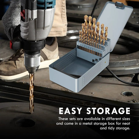 Pro Grade Cobalt Drill Bit Set 29 Pcs M35 High Speed Steel Bits For Hardened Metals Stainless Steel Cast Iron And Wood Plastic With Durable Metal Index Storage Box shown with drill in use