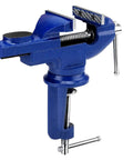 Heavy Duty Universal Bench Vice Machine Vise Clamp For Woodworking And DIY Projects Full Metal Construction With Large Anvil Super Stable Clamping Force showing blue full metal clamp with stable grip.