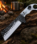 Cowboy Style Fixed Blade Knife With Resin Handle for Camping, Ranch Work, and Hunting on log by campfire