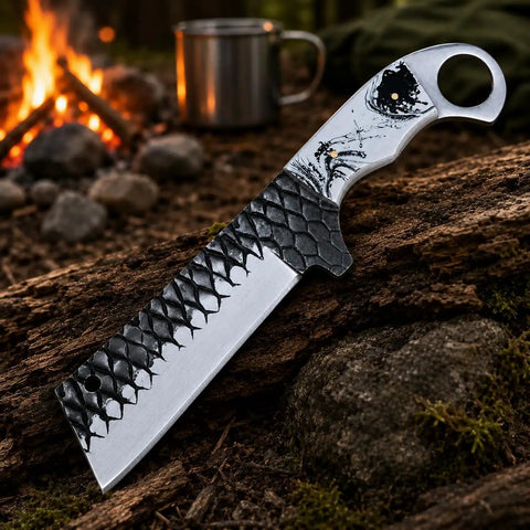 Cowboy Style Fixed Blade Knife With Resin Handle for Camping, Ranch Work, and Hunting on log by campfire