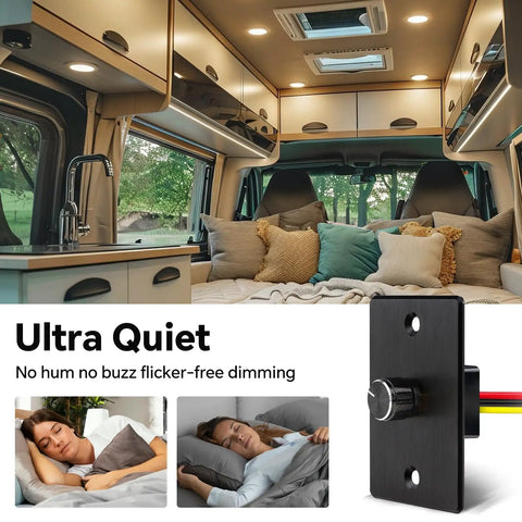 Smooth Operator 12V Rotary Light Dimmer Switch For Rv Camper Van Boat Trailer Featuring Heavy Duty Aluminum PWM Controller With Built In Off Switch Providing Smooth As Butter Brightness Tuning in a cozy camper interior.