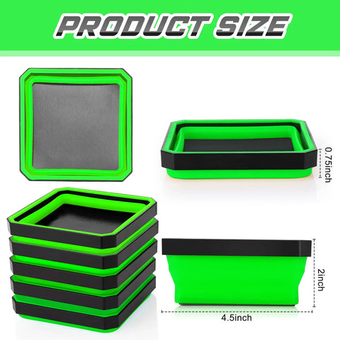 Premium Hustle Ready Collapsible Magnetic Tool Tray 10 Piece Set Silicone Parts Organizer For Mechanics Heavy Duty Liquid Resistant Magnet Holder Foldable Garage Kit Real Deal Setup Green product size display with dimensions.