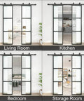 Double Sliding Barn Door Set 42 By 84 Inch With 7 Foot Hardware Kit And Soft Close Mechanism Includes Two 21 Inch By 84 Inch Three Pane Clear Glass Panels Carbon Steel Frame No Brainer Install in living room, kitchen, bedroom, and storage room setting.