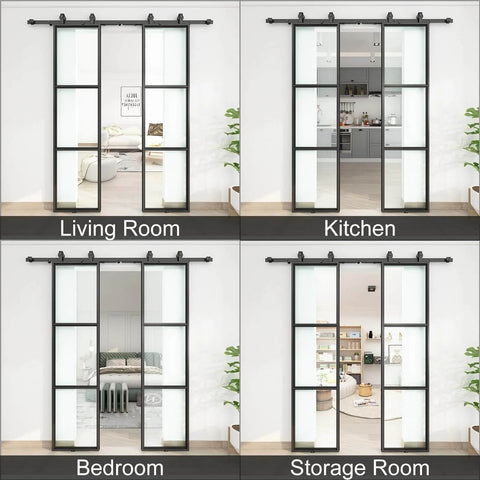 Double Sliding Barn Door Set 42 By 84 Inch With 7 Foot Hardware Kit And Soft Close Mechanism Includes Two 21 Inch By 84 Inch Three Pane Clear Glass Panels Carbon Steel Frame No Brainer Install in living room, kitchen, bedroom, and storage room setting.