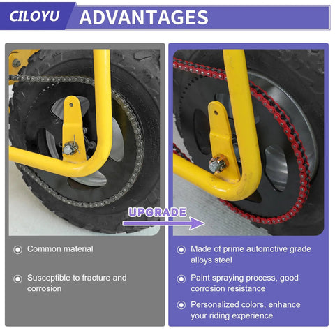 CILOYU #35 go-kart roller chain on yellow frame; left silver chain on sprocket, right red chain installed.