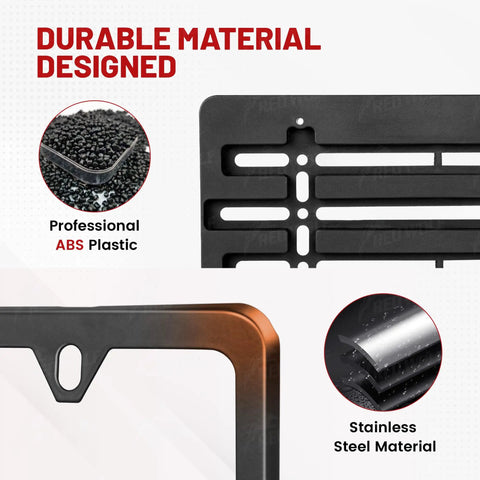 Close-up of Stainless Steel License Plate Bracket And Frame Kit For Front Bumper Universal Fit 6x12 Inch Plate Holder materials.