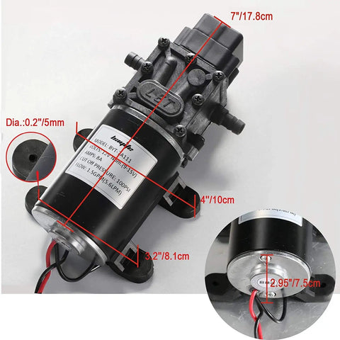 12V Diaphragm Water Pump 1.5 GPM At 100 PSI Self Priming DC Fresh Water Pump with dimensions and mounting details