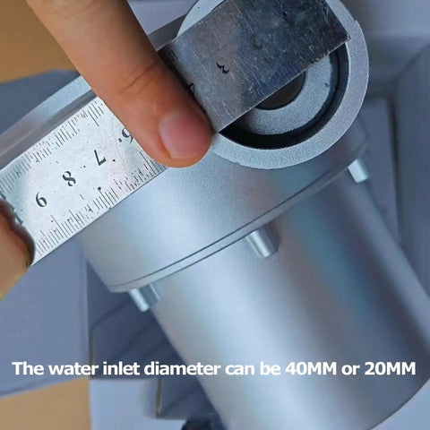 200W Water Powered Generator For Home And Off Grid Camping - Showing inlet diameter with ruler measurement, 40mm to 20mm size.