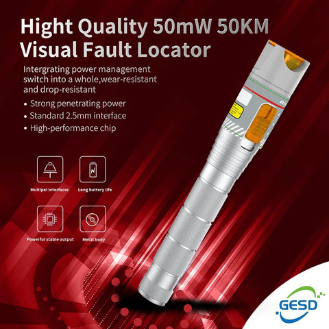 Fiber Visual Fault Locator pen angled side view with metal housing and red light; GESD logo visible