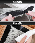 Person washing a black non-slip rug gripper from the Four Piece Carpet Tape Set with Non Slip Rug Grippers and Washable Reusable Double Sided Anti Curl Corner Holdbacks For Rugs And Stairs, Keeps Mats In Place In Any Room For Home Or Office, showing its washable and reusable features.