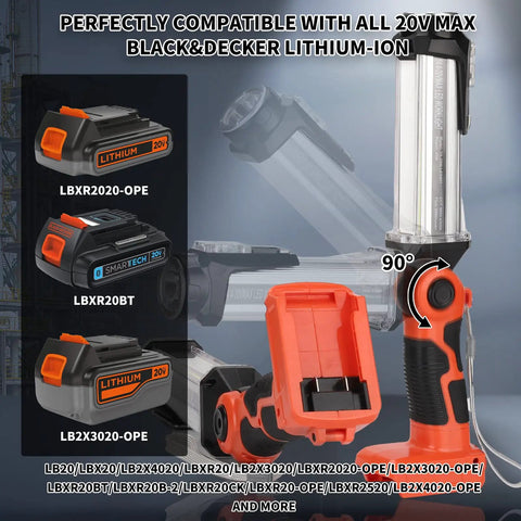 2000 Lumen LED Work Light With 20V Lithium Battery Compatibility showcasing battery options and rotation feature