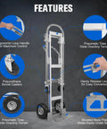 Convertible Hand Truck With Aluminum Alloy Frame Transforms From Two Wheel Upright To Four Wheel Platform, Rust Resistant Workhorse Cart With Large Pneumatic Rear Wheels And Front Swivel Casters For Easy Everyday Hauling. Aluminum alloy hand truck with loop handle, swivel casters, and release lever