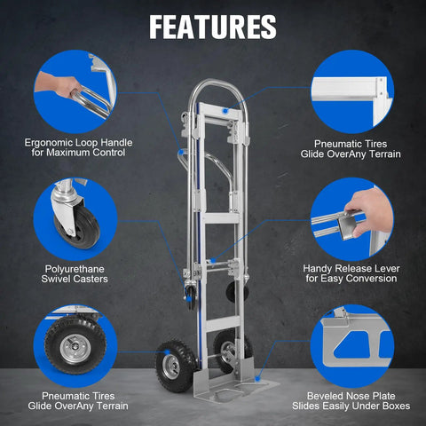 Convertible Hand Truck With Dual Wheel Modes Two In One Heavy Duty Cargo Trolley For Moving Boxes And Equipment Wide Platform Lightweight Yet Rugged Rust Resistant, aluminum hand truck with loop handle, swivel casters and pneumatic tires