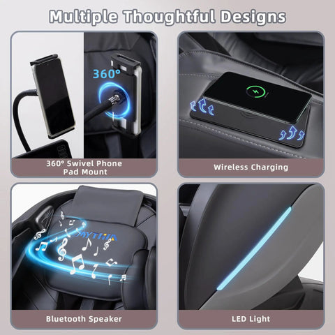 4D Massage Chair For Home Relaxation with swivel phone mount, wireless charging, Bluetooth speaker, LED light, model A303C Black