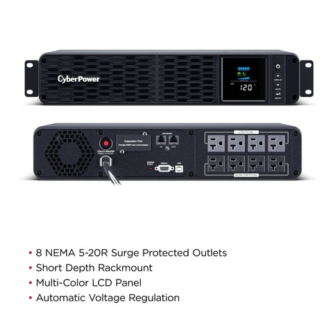 Front and back view of PFC Sine Wave UPS Battery Backup and Surge Protector, 2000VA 1200W, Eight NEMA 5-20R Outlets, AVR, Short Depth 2U Rackmount.