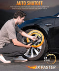 Person inflating car tire with Portable Tire Inflator Air Compressor With Digital Pressure Gauge 150 PSI 3x Faster Inflation