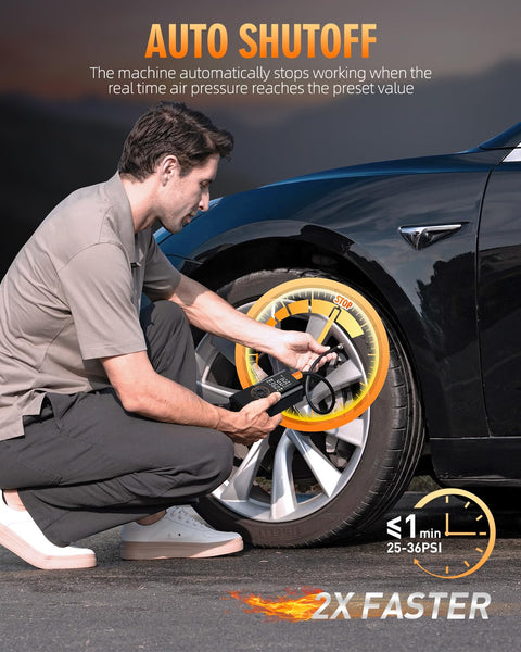 Person inflating car tire with Portable Tire Inflator Air Compressor With Digital Pressure Gauge 150 PSI 3x Faster Inflation