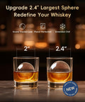 Big League 2.4 Clear Ice Ball Maker Compact Countertop Design delivers comparison of 2-inch and 2.4-inch ice spheres in whiskey.