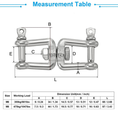 M6 Jaw To Jaw Swivel Shackle Forged From 304 Stainless Steel Holding Down A Badass 661 Pound Load Rating Measurement Table.