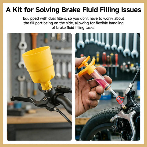 All In One Hydraulic Disc Brake Bleed Kit For Shimano, SRAM, Avid, Magura, Tektro, Hayes And More with funnel and syringe in use