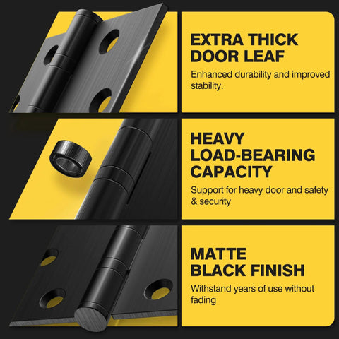 Ball Bearing Door Hinges 4.5 By 4 Inches Matte Black Square Corner 3mm Thick Non Removable Pin features and close-up details