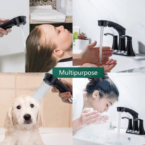 Pull-Down Lavatory Faucet For 3-Hole Vanity 4-Inch Centerset Matte Black Dual-Handle Design Easy Install Three Modes Stream Spray Pause With Splash-Reducing Bubble Or Powerful Rainfall Modern Dope Bath Upgrade