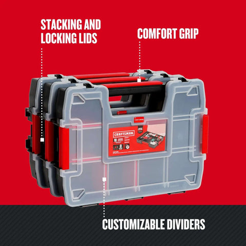 Three Pack Small Parts Organizer With Ten Compartments And Removable Dividers, Secure Latch Lids For Sturdy Stacking shown from side view