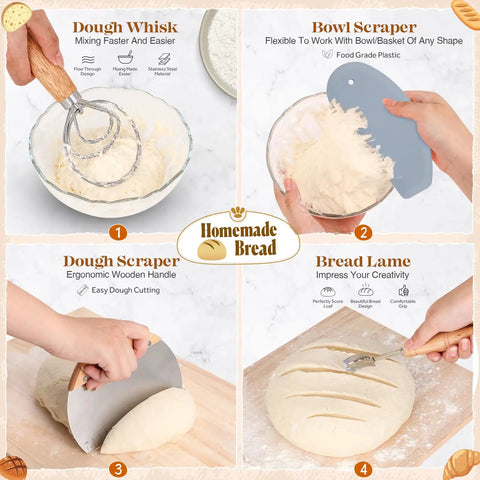 All In One Sourdough Starter Kit For Home Bakers With Round 9 Inch And Oval 10 Inch Proofing Baskets, tools in use