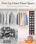 Dope Foldable Hanging Shoe Closet Rack Solid Thick Fabric Storage System With Wide Compartments Straight Up Perfect For Sneakers Flats Heels And Daily Slippers In Fresh Gray displayed before and after freeing closet space.