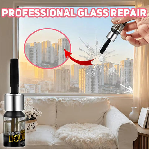 Hand using Glass Repair Liquid Bonder 5ml Quick Dry Crack Fix Sealant For Car Windshield And Home Glass on cracked window.