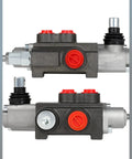 Hydraulic flow control valve, 11 GPM, black body with red adjustment caps, front and side views