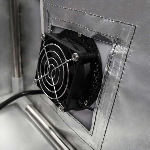 Close-up of stainless steel frame showing 12V fan inside Printer Enclosure With Ventilation Filter And Speed Control 12V Fan 5000RPM For Resin 3D Printing Pro Grade Dustproof Temperature Controlled Tent For Ender 3 Pro V2 Ender 3 S1 Neo Grey Stainless Steel Frame And Large View Window.