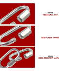 Six Pack Carbon Steel Chain Quick Links With M3 Quick Locking Carabiner Set, close-up on hex nut, screw thread, and material durability