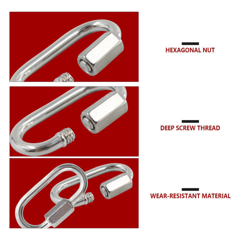 Six Pack Carbon Steel Chain Quick Links With M3 Quick Locking Carabiner Set, close-up on hex nut, screw thread, and material durability