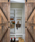 Wall Mount Premium Wooden Handrail For Indoor Stairs Built Tough With Heavy Duty Steel Brackets And Smooth Beech Wood Grip For Solid Everyday Security, featuring a wooden sliding door and organized shelves.