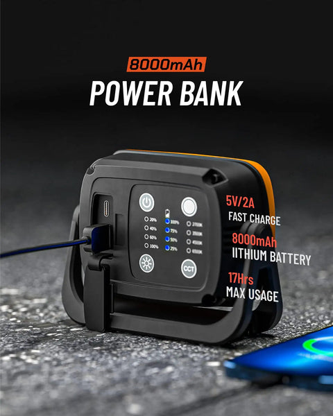 Beast Bright 2000 Lumen Rechargeable LED Work Light With 8000mAh Power Bank showing charging port and battery indicators