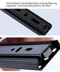 Heavy Duty Pair Of Black Metal Three Section Full Extension Drawer Slides Featuring Quiet Ball Bearing Tracks And Smooth Side Mount Glides Built Tough To Slide Like Butter For Drawers Up To Twenty Five Inches close-up view of black cold-rolled steel track with strong bearing capacity