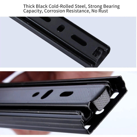 Heavy Duty Pair Of Black Metal Three Section Full Extension Drawer Slides Featuring Quiet Ball Bearing Tracks And Smooth Side Mount Glides Built Tough To Slide Like Butter For Drawers Up To Twenty Five Inches close-up view of black cold-rolled steel track with strong bearing capacity