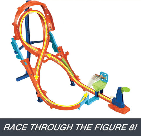 Figure Eight Jump Track Set With 1 to 64 Scale Vehicle And Two Foot Tall Track featuring multi-colored loop and connectors.