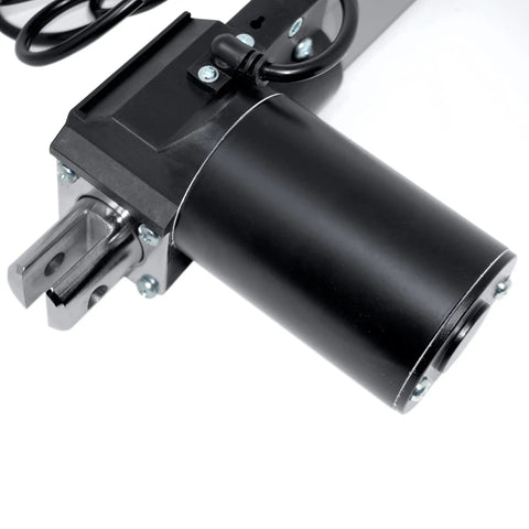 Close-up of 12V Linear Actuator With 12 Inch Stroke And 200 Lbs Of Thrust Low Current DC Motor, heavy duty, for automotive and robotics use.