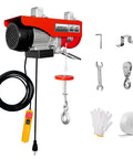 BTMPYLYT 110V electric hoist winch with red housing, 880 lb capacity, wired remote, and straps, gloves and hardware.