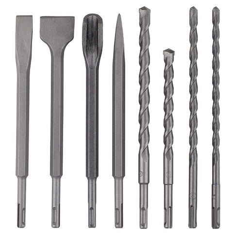 Front view of YOUGFIN 17-piece SDS-Plus drill bit set with carbide-tipped masonry bits and chisels