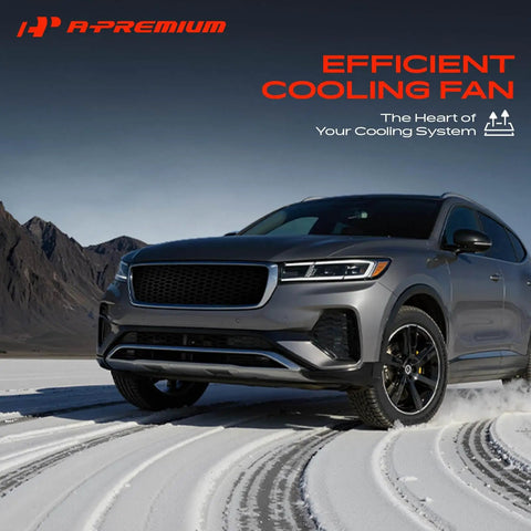 Heavy Duty Engine Radiator Cooling Fan Assembly For Bmw providing straight bolt on installation, silver SUV on snow-covered ground.