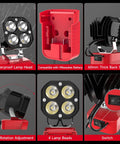 Details of Cordless LED Work Light 40W 6000 Lumens 6500K for job site use with adjustable beam and Milwaukee battery compatibility.