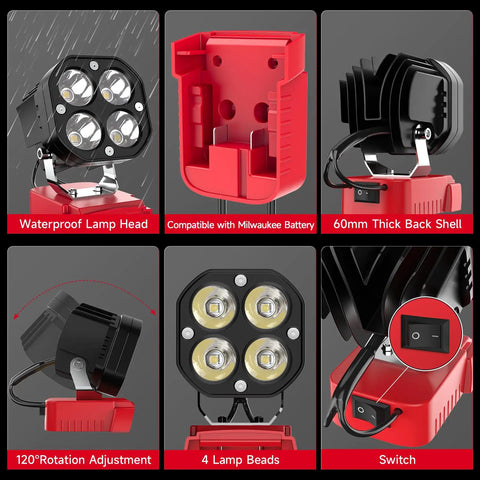 Details of Cordless LED Work Light 40W 6000 Lumens 6500K for job site use with adjustable beam and Milwaukee battery compatibility.